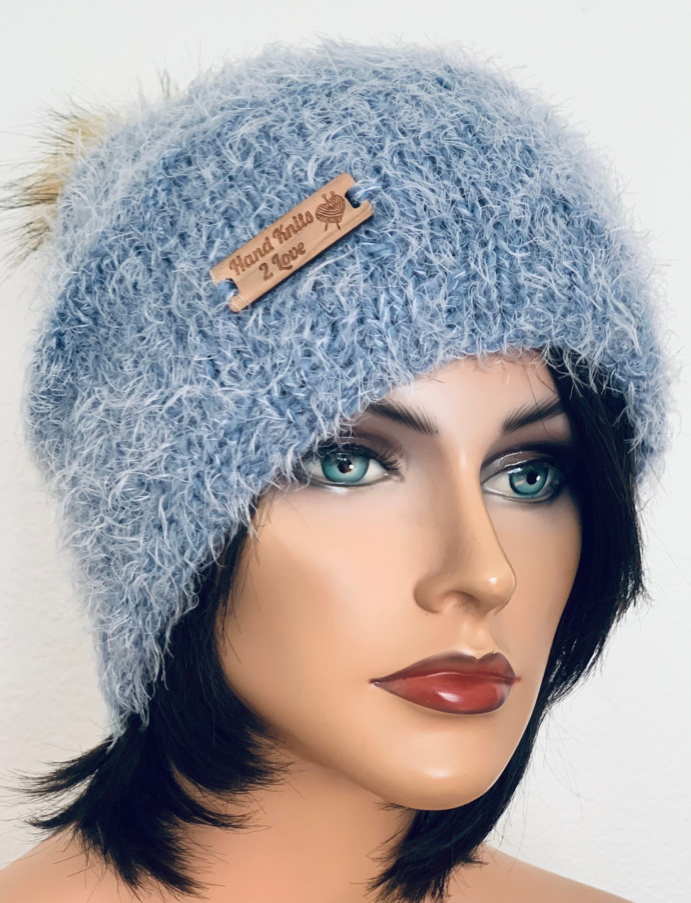 Hand Knits 2 Love Slouch Beanie Cap Designer Blue Faux Fur  display picture 2