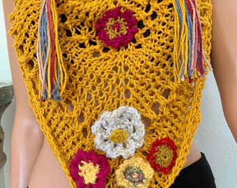 Hand Knits 2 Love Cotton Triangle Shawl Floral Lace Designer Fashion Golden Yellow Tassels Head Wrap Four Seadons Female Gift Boho Hip