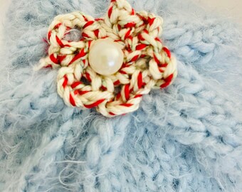 Hand Knits 2 Love Hat Beanie Cap Flowers Pearl Beads Sky  display picture 2