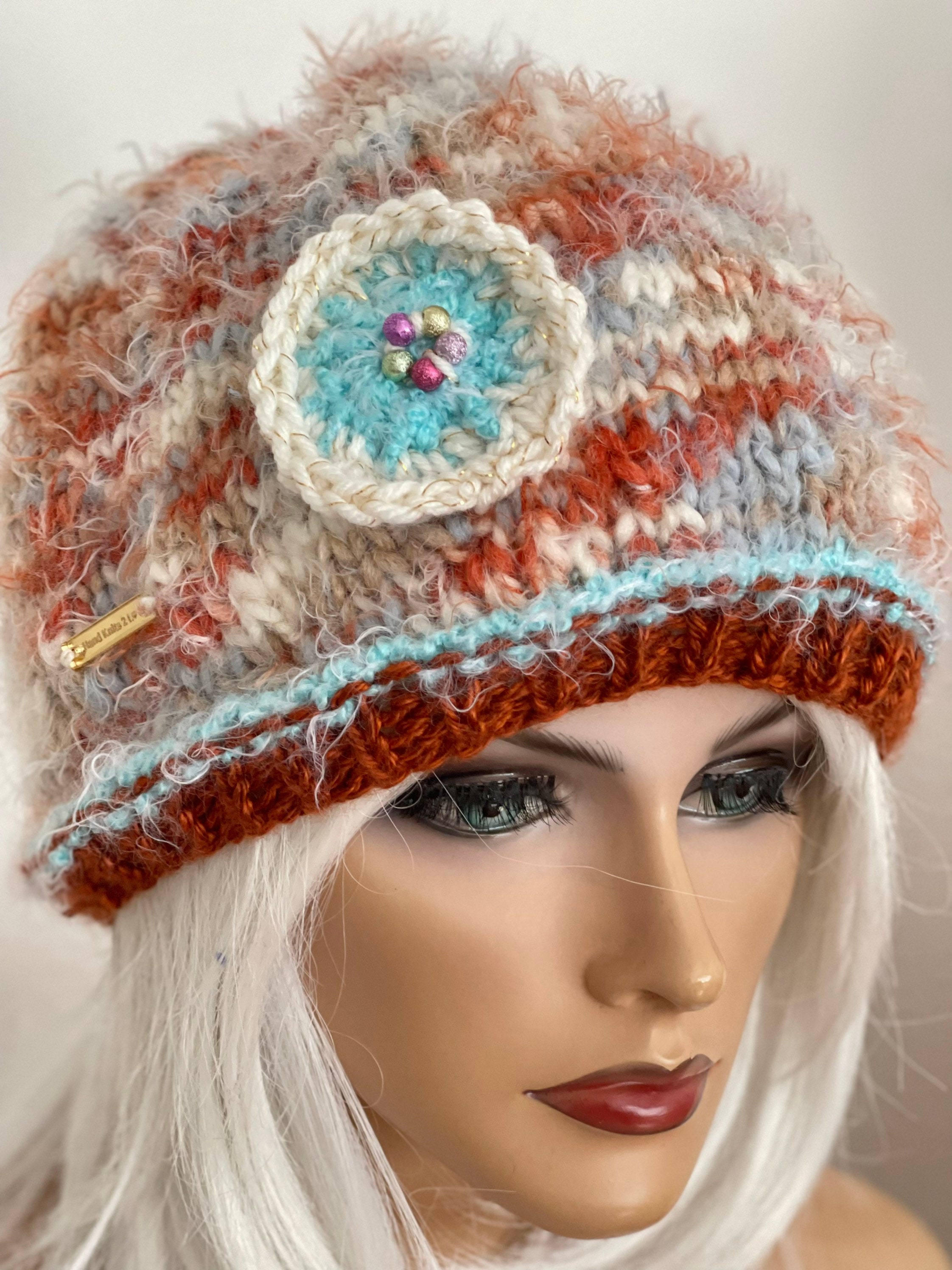 Hand Knits 2 Love Slouch Beanie Hat Cap Flowers Beads Ombre Green Designer Chic Hand Knits 2 Love Slouch Beanie Hat Cap Ombre Mohair Look  main image 4