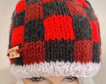 Hand Knits 2 Love Hat Beanie Cap Plaid Faux Fur Pom Pom  display picture 1
