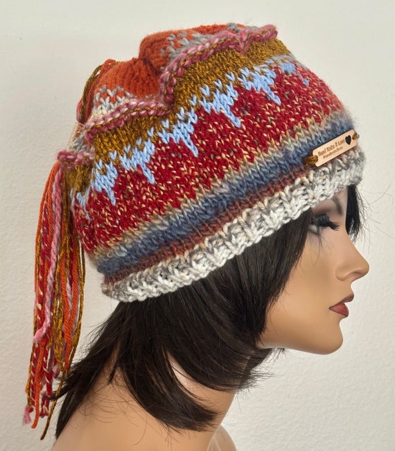 Hand Knits 2 Love Slouch Hat Beanie Cap Designer Multicolors Decorative Bead Hip Hand Knits 2 Love Beanie Slouch Hat Cap Plaid Checkers  main image 4