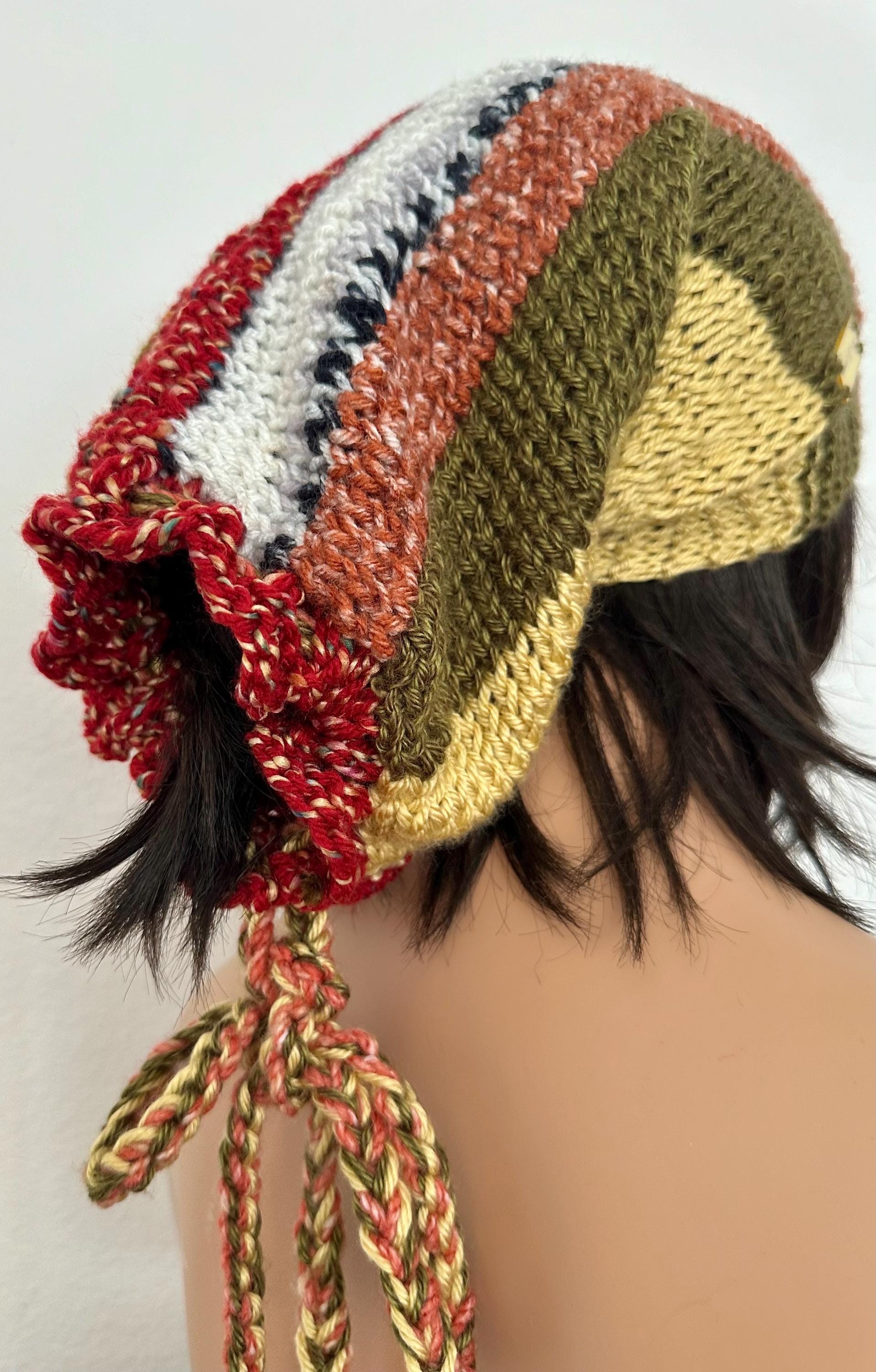 Hand Knit Beanie Hat Long Slouch Multicolor Designer Fashion  display picture 3