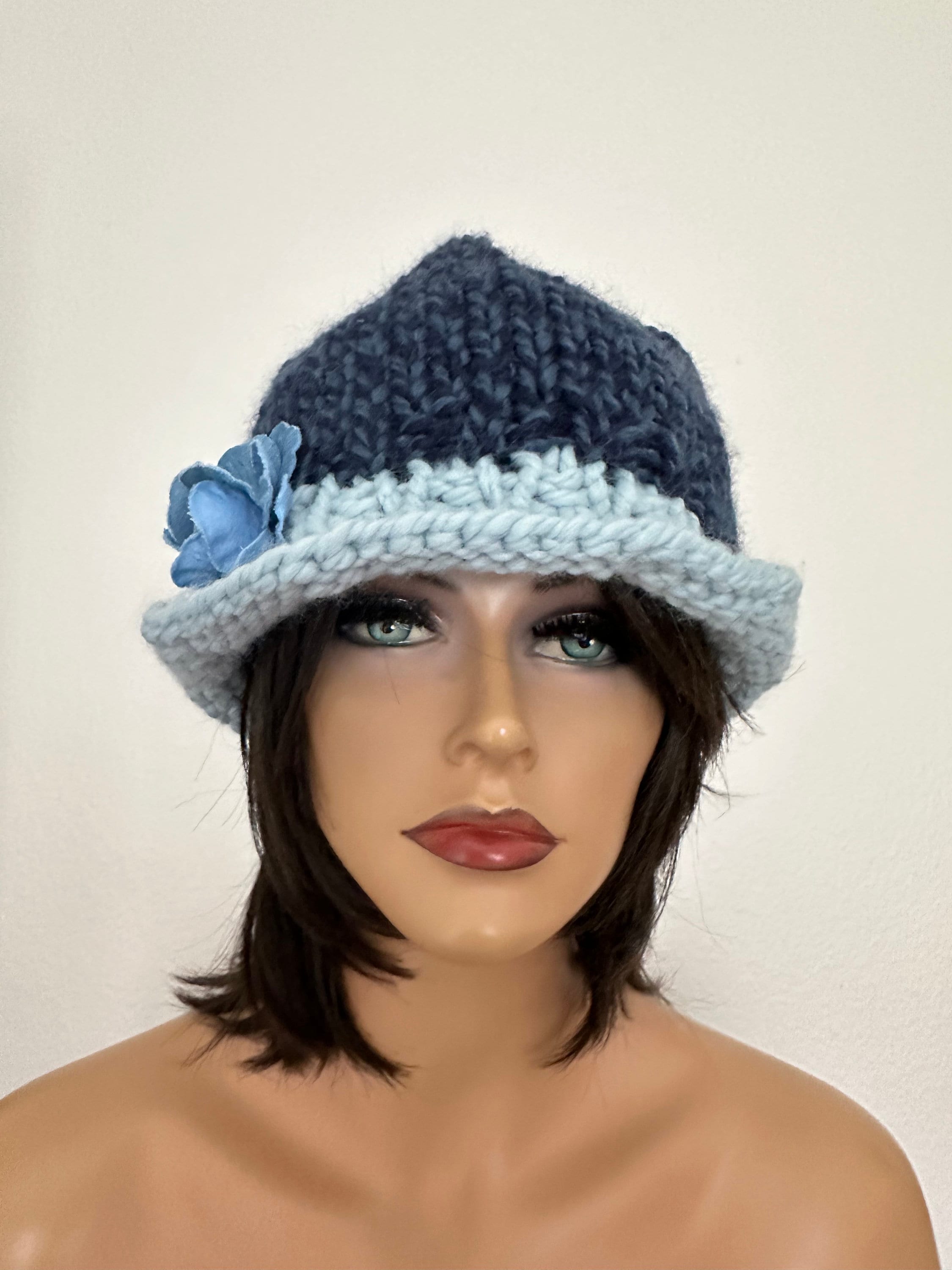 Hand Knits 2 Loge Brim Hat Beanie Cap Two tone Denim Flower Designer Semi Chunky Petite Fleur Wool Beanie Hat with Hand-Crocheted Flowers  main image 4