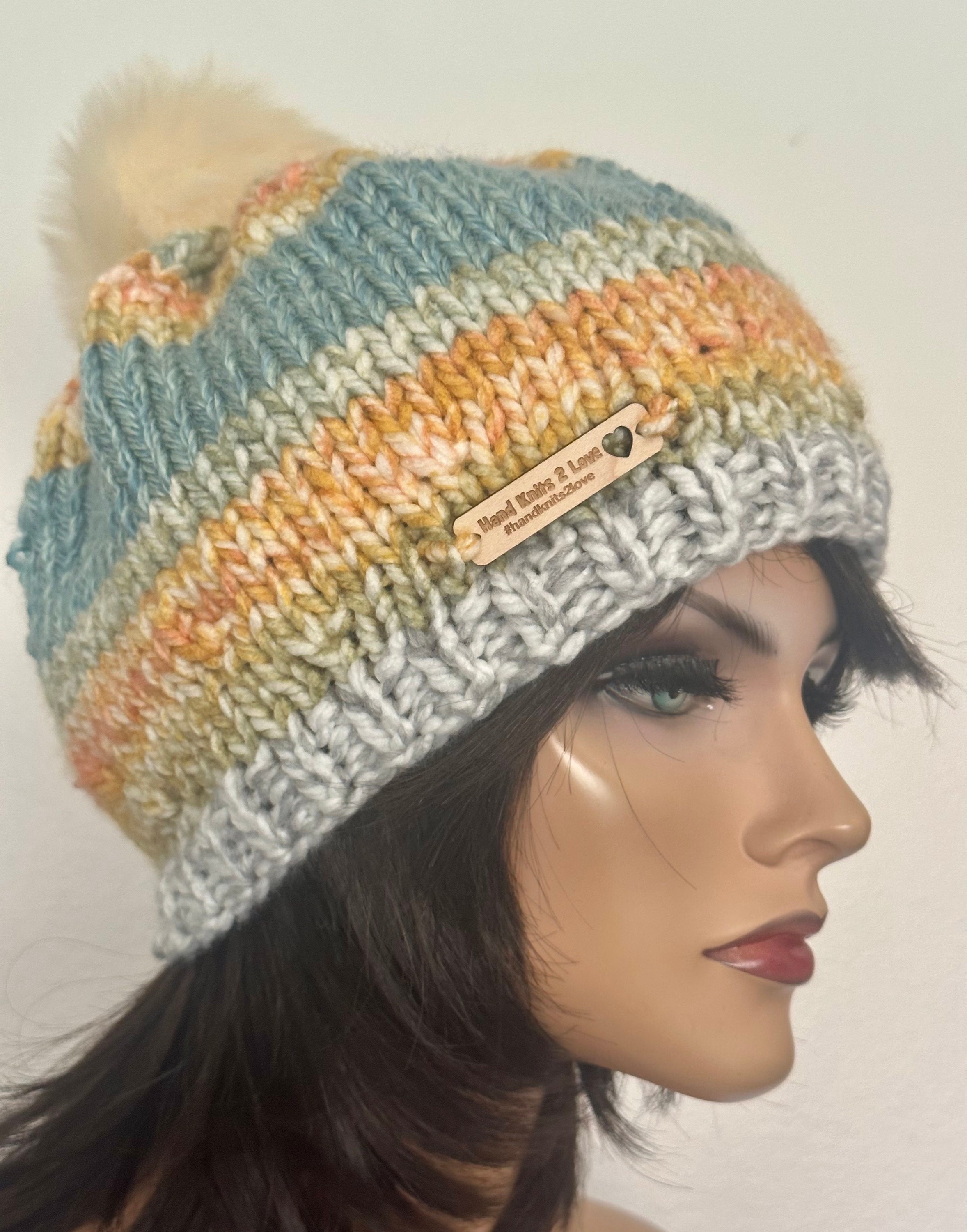 Hand Knits 2 Love Beanie Hat Slouch Ombré Faux Fur Pom Pom 