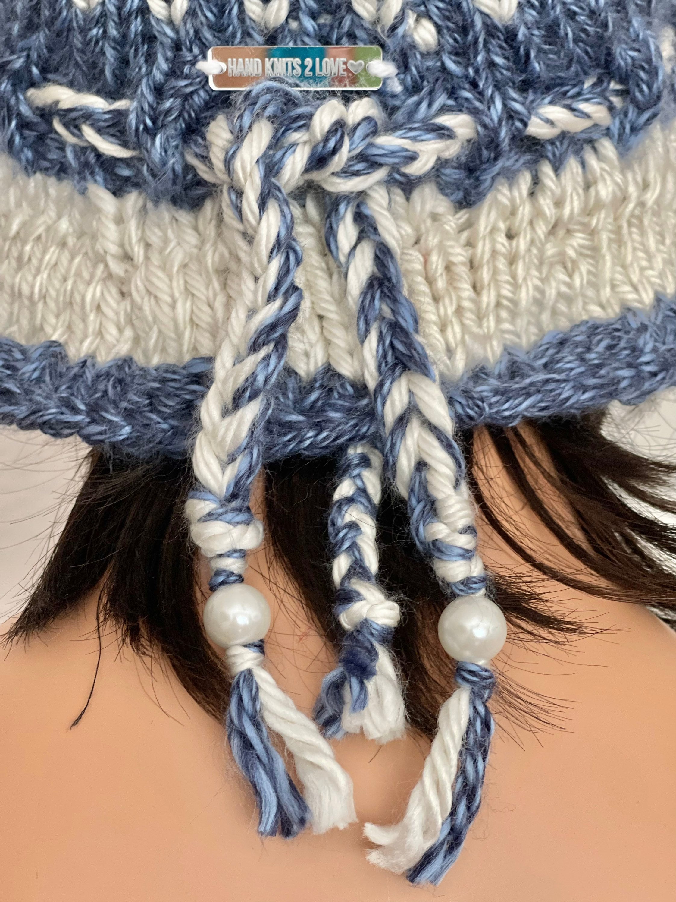 Hand Knits 2 Love Brim Hat Cap Beanie Ombre Blues Braids Pearls Designer Gift Hand Knits 2 Love Cotton Brim Hat Cap Ombre Blues off Ehite  main image 3