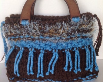 Hand Knit Bag Purse Designer Original Fashion Fringes Tassels Brown Blue Wooden Handles Hip Chic Stylish