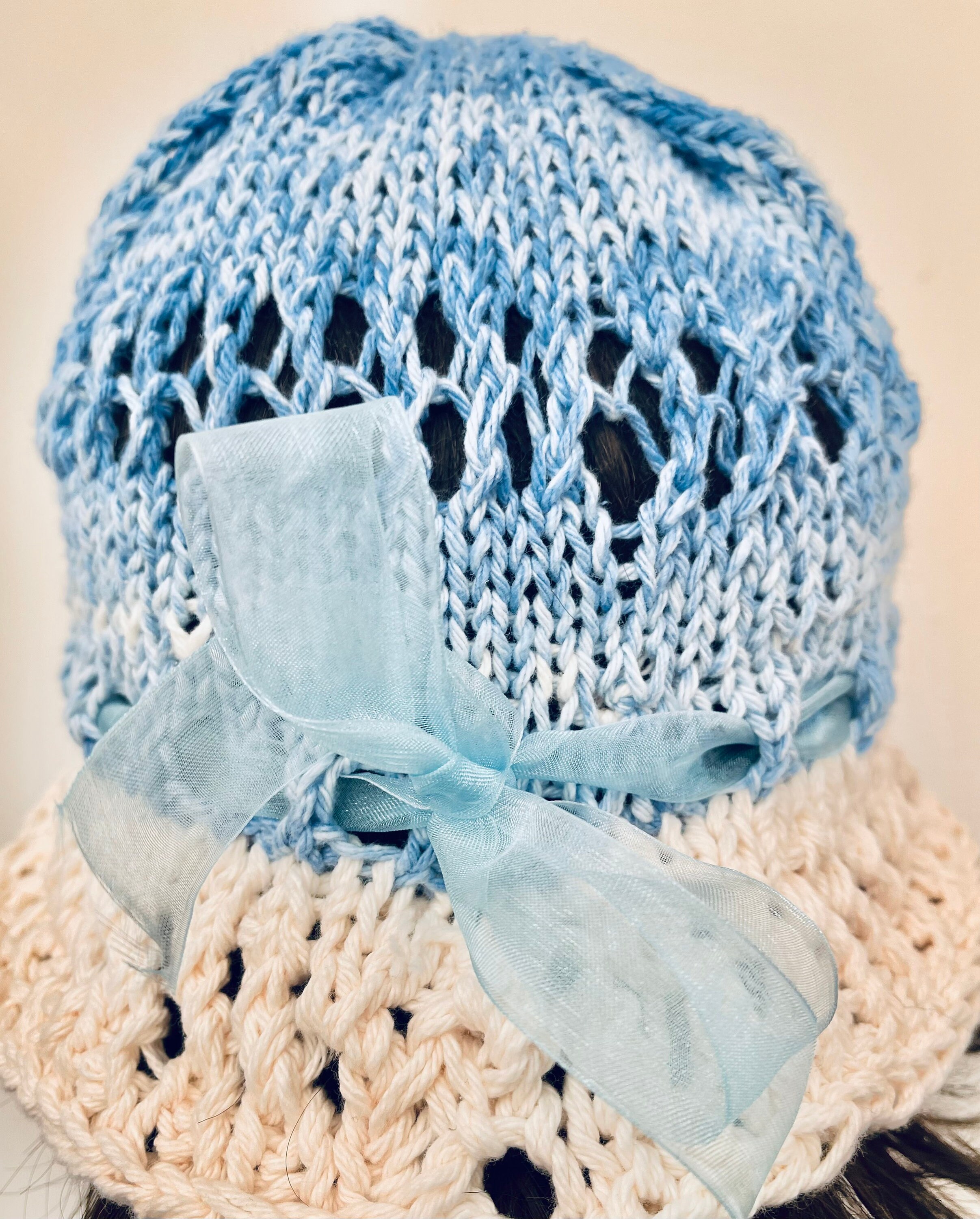 Hand Knits 2 Love Cotton Brim Hat Cap Ombre Blues off Ehite  display picture 3