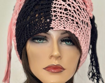 Hand Knits 2 Love Cotton Headband Bandana Scarf Lace Tassels Designer Black Pink Hand Knits 2 Love Cotton Bandana Headband Scarf Black Pink  main image 4