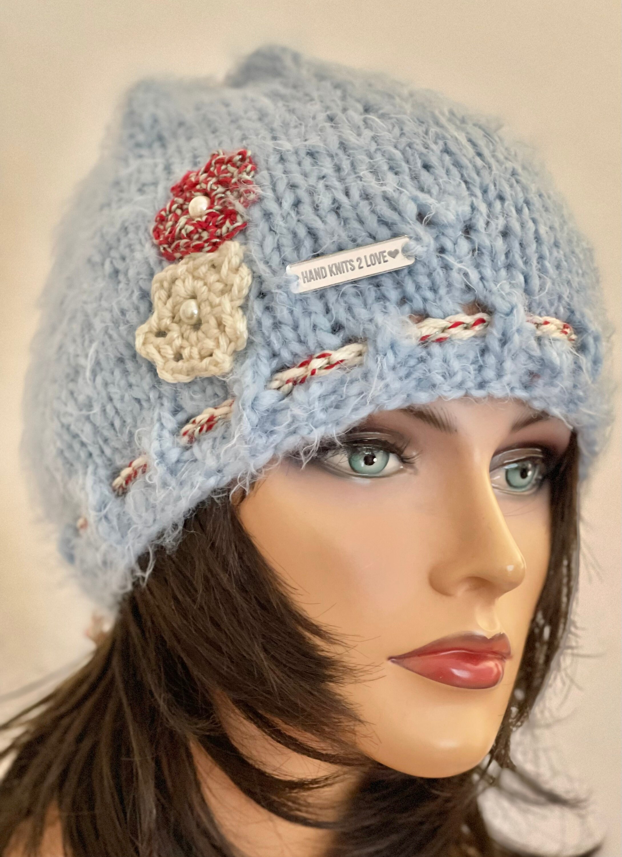 Hand Knits 2 Love Beanie Hat Cap Slouch Flower Pearl Designer Mohair Style Pink Hand Knits 2 Love Beanie Hat Cap Slouch Flower Pearl Designer main image 4