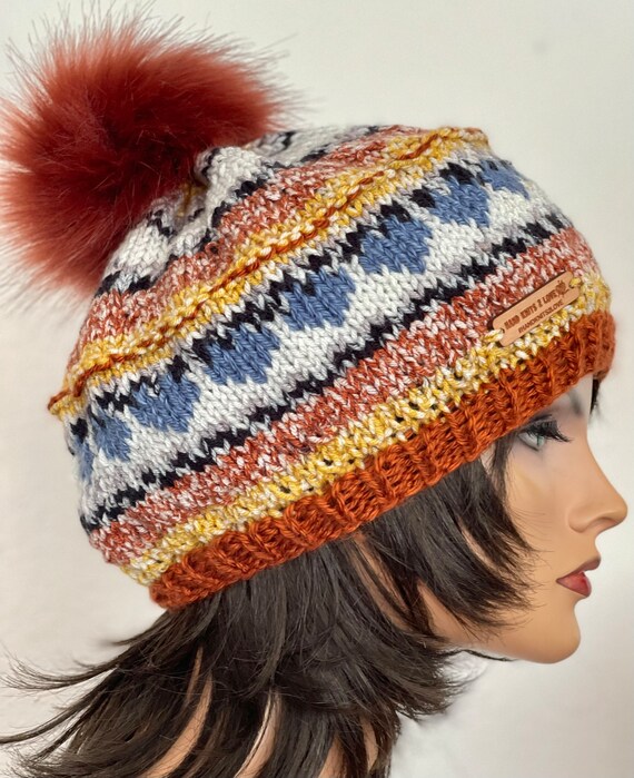 Hand Knits 2 Love Slouch Hat Beanie Cap Fair-isle Faux Fur  display picture 2