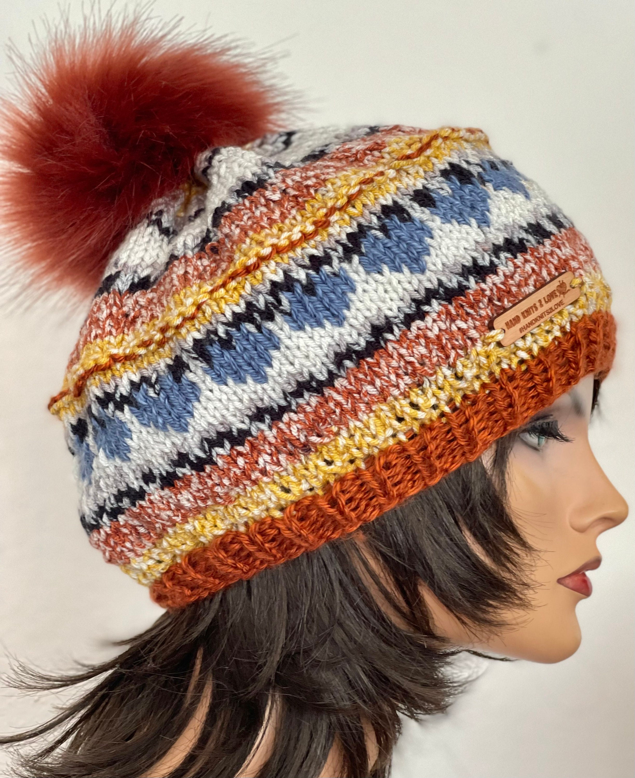 Hand Knits 2 Love Slouch Hat Beanie Cap Fair-isle Faux Fur 