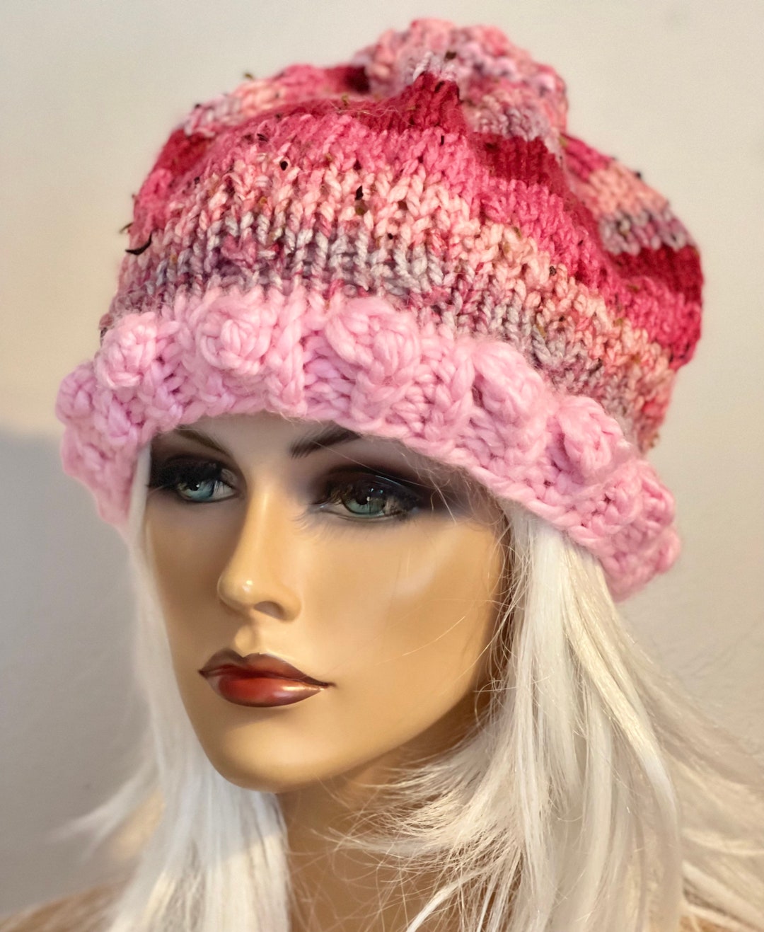 Hand Knits 2 Love Beanie Hat Cap Slouch Bubbles Braid Pearls  display picture 1