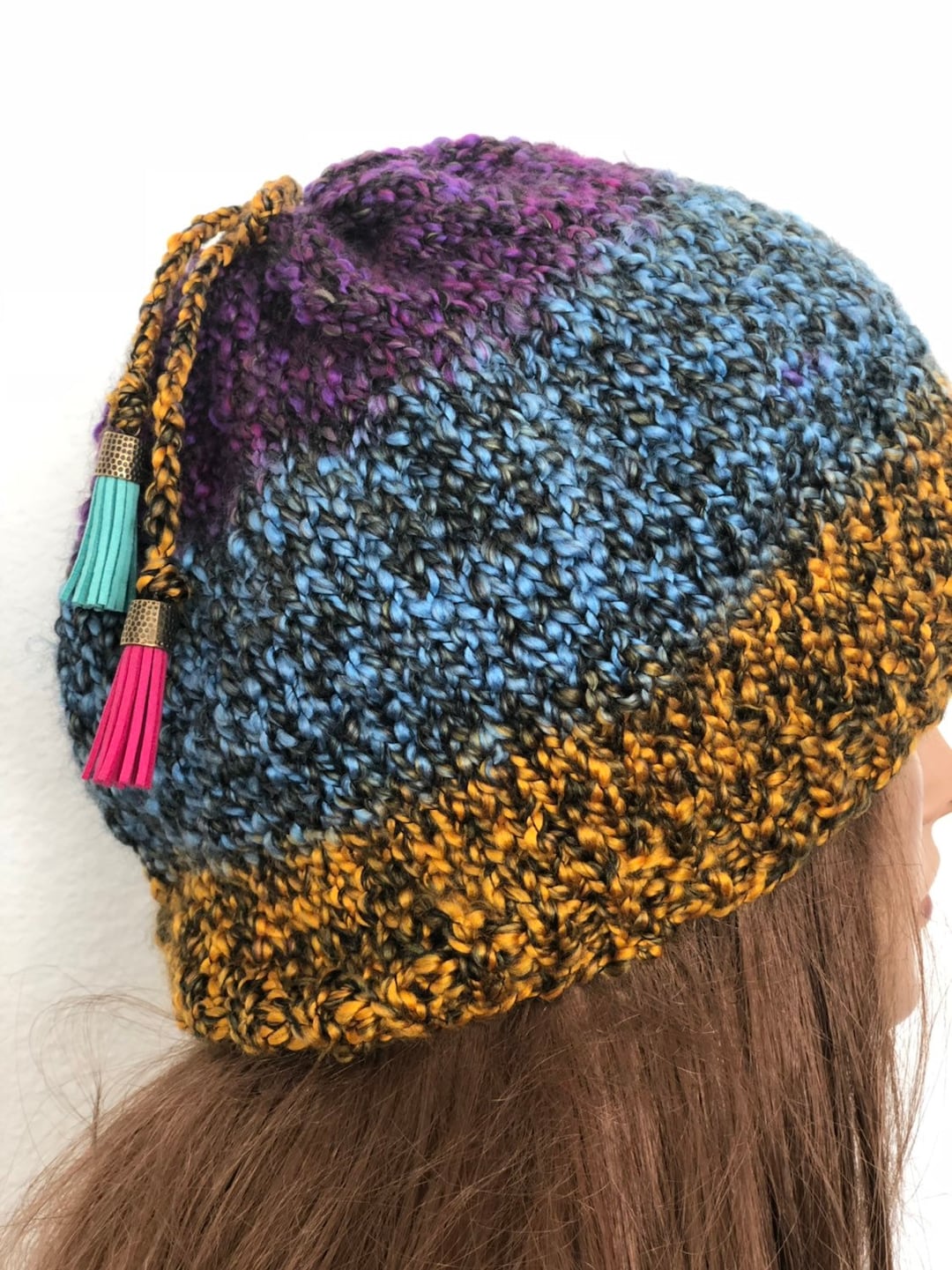 Hand Knits 2 Love Brim Hat Beanie Cap Bubbles Fringe Designer Semi Chunky Cozy Hand Knits 2 Love Beanie Hat Cap Boucle Chunky Nature  main image 3