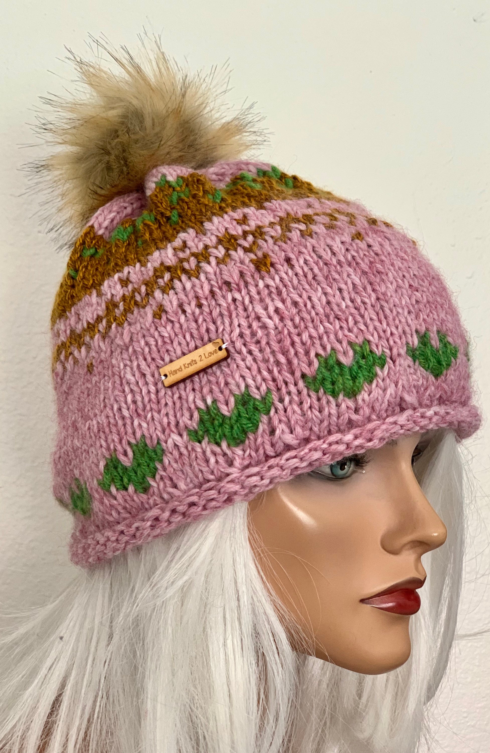 Hand Knits 2 Love Beanie Hat Cap Fair-isle Hearts Faux Fur  display picture 2