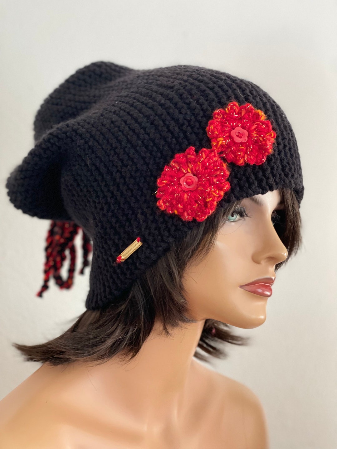 Hand Knits 2 Love Slouch Beanie Hat Cap Flowers Tie Designer  display picture 3