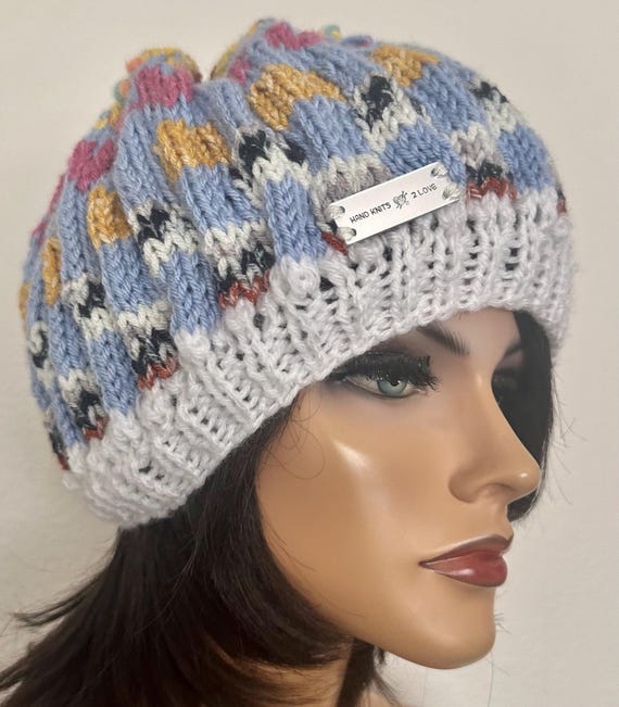 Hand Knits 2 Love Beanie Slouch Winter Hat Designer Fair-isle Hearts Multicolors Hand Knits 2 Love Beanie Hat Cap Slouch Fair-isle Hearts  main image 2