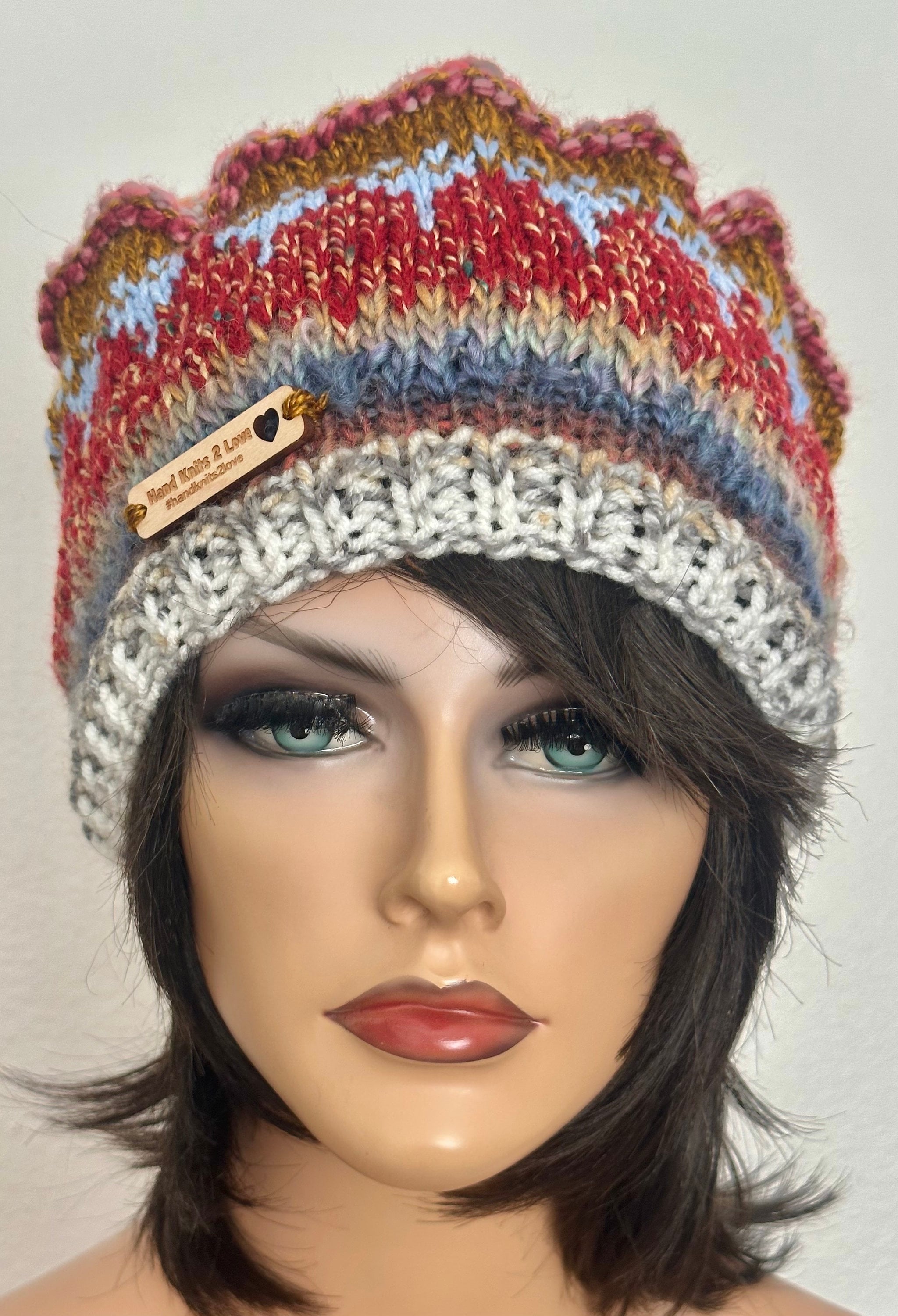 Hand Knit 2 Love Beanie Hat Slouch Chemo Fair-isle Big  display picture 2