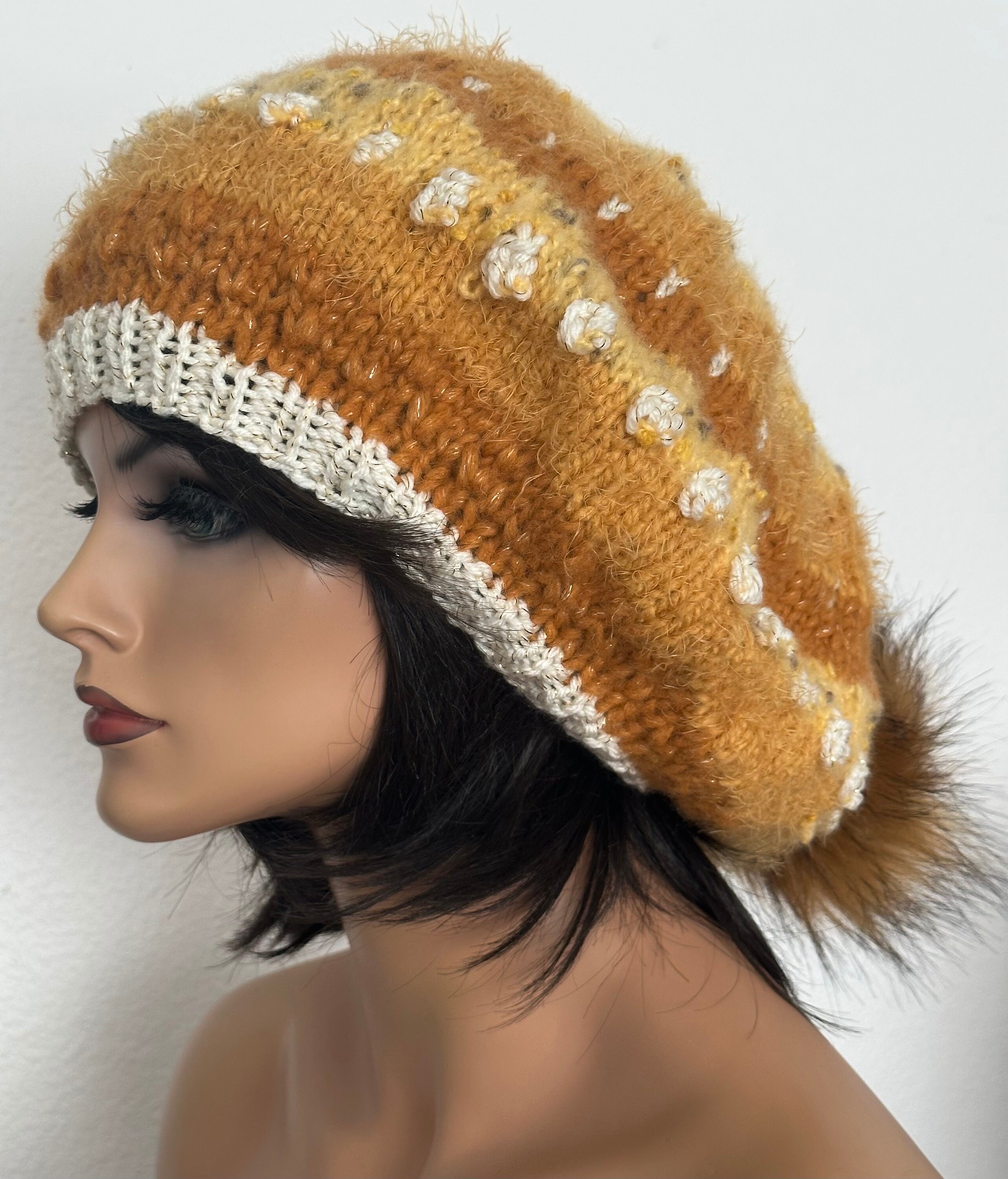 Hand Knits 2 Love Slouc Hat Tam Beanie Faux Fur Pom Pom  display picture 1