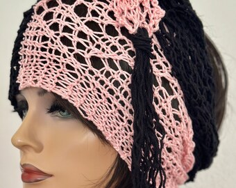 Hand Knits 2 Love Cotton Headband Bandana Scarf Lace Tassels Designer Black Pink Hand Knits 2 Love Cotton Bandana Headband Scarf Black Pink  main image 2