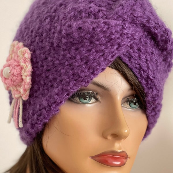 Hand Knits 2 Love Bandana Headband Ear-covers Turban Flower Bead Designer Fashion Boho Purple Pink Gift Mother’s Day Feminine Soft Head