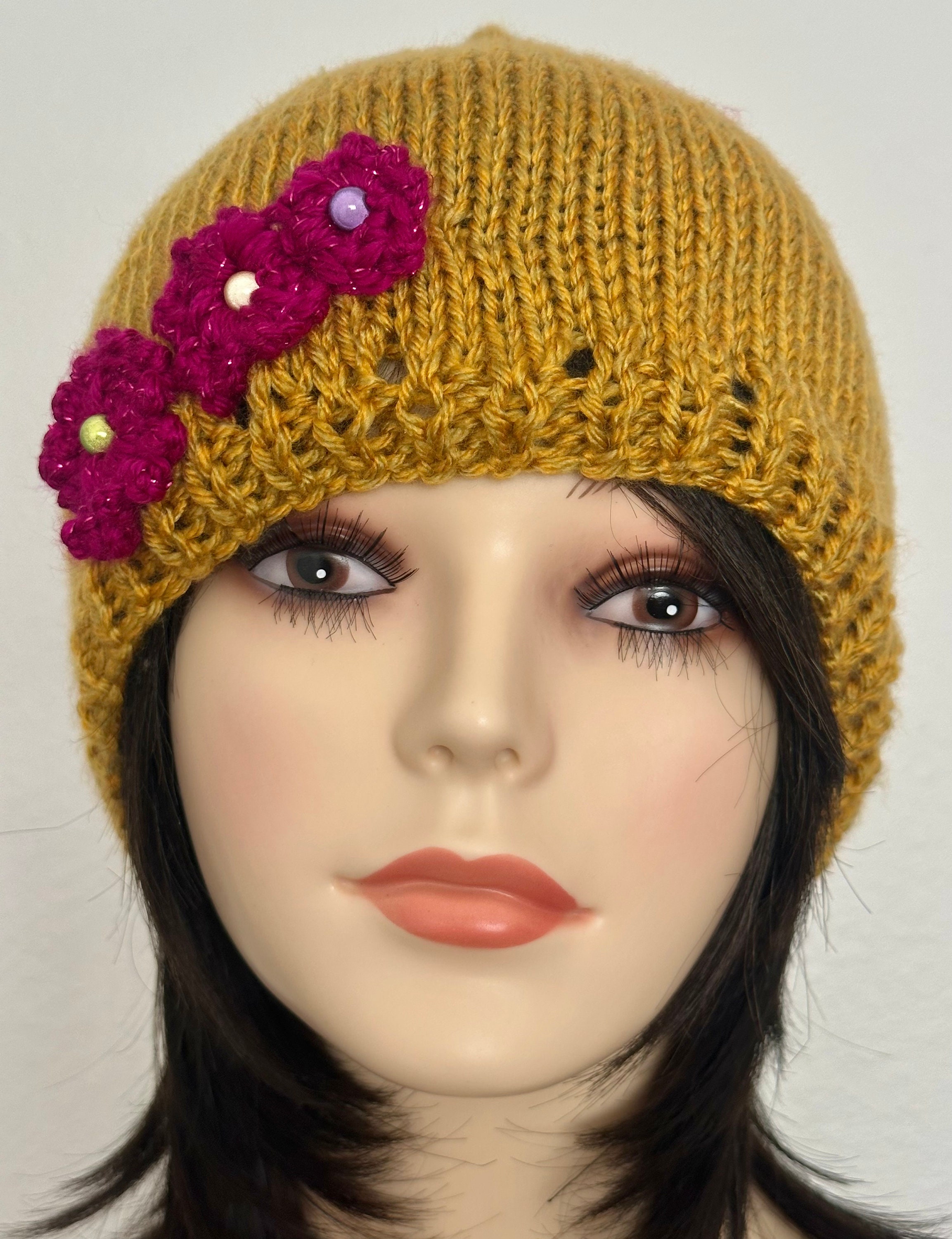 Hand Knits 2 Love Slouch Beanie Hat Hearts Sequence Beads Roses Pink Designer Hand Knits 2 Love Beanie Slouch Hat Cap Flowers Decorative  main image 2