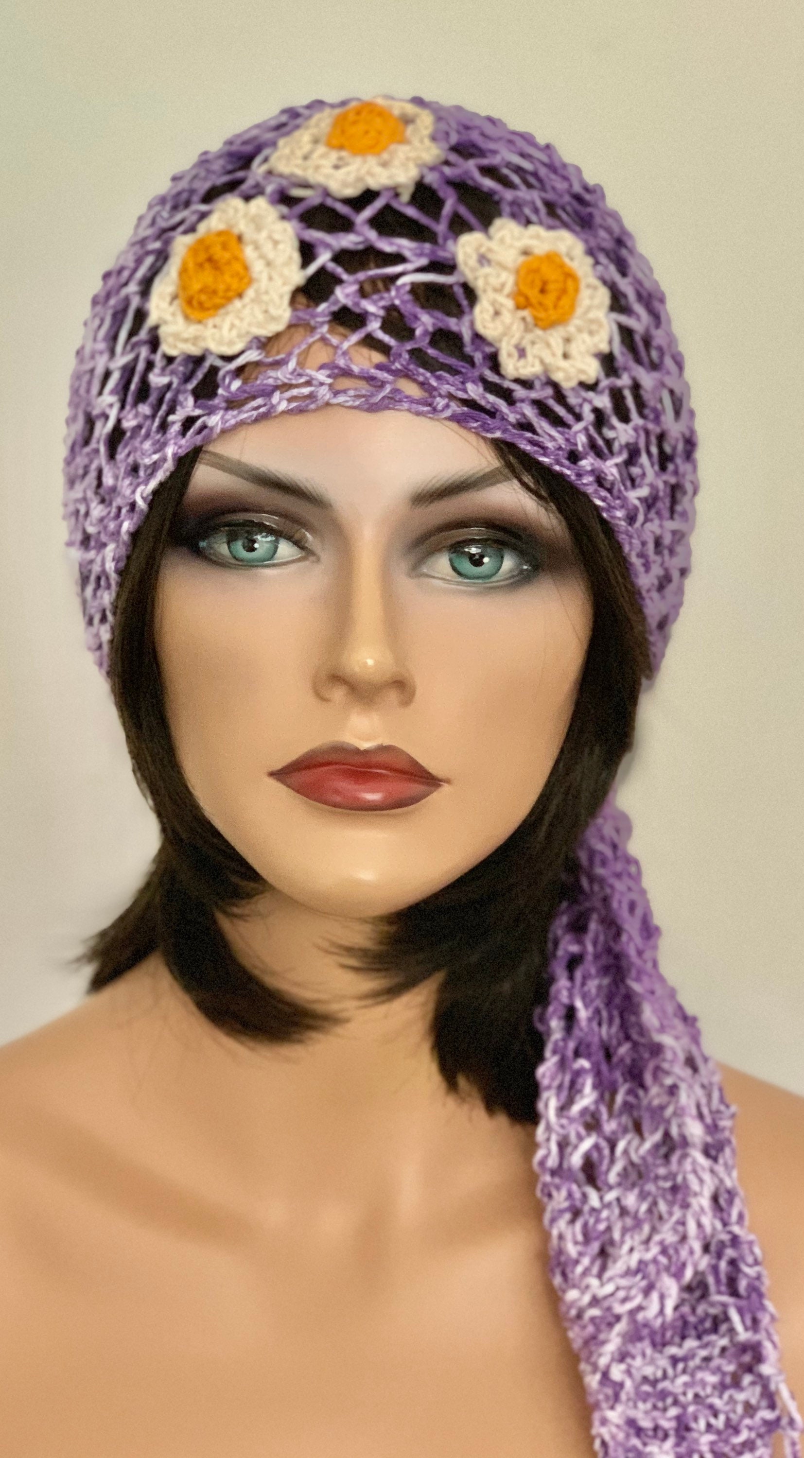 Hand Knits 2 Love cotton Headband Headwrap Bandana Satin Flowers Beads Ombre Hip Hand Knits 2 Love Cotton Bandana Scarf Daisies Lavender  main image 3