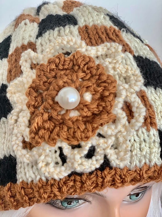 Hand Knits 2 Love Slouch Beanie Hat Cap White Flower Pearl Designer Fashion Chic Hand Knits 2 Love | Accessories | Hand Knits 2 Love Slouch  main image 2