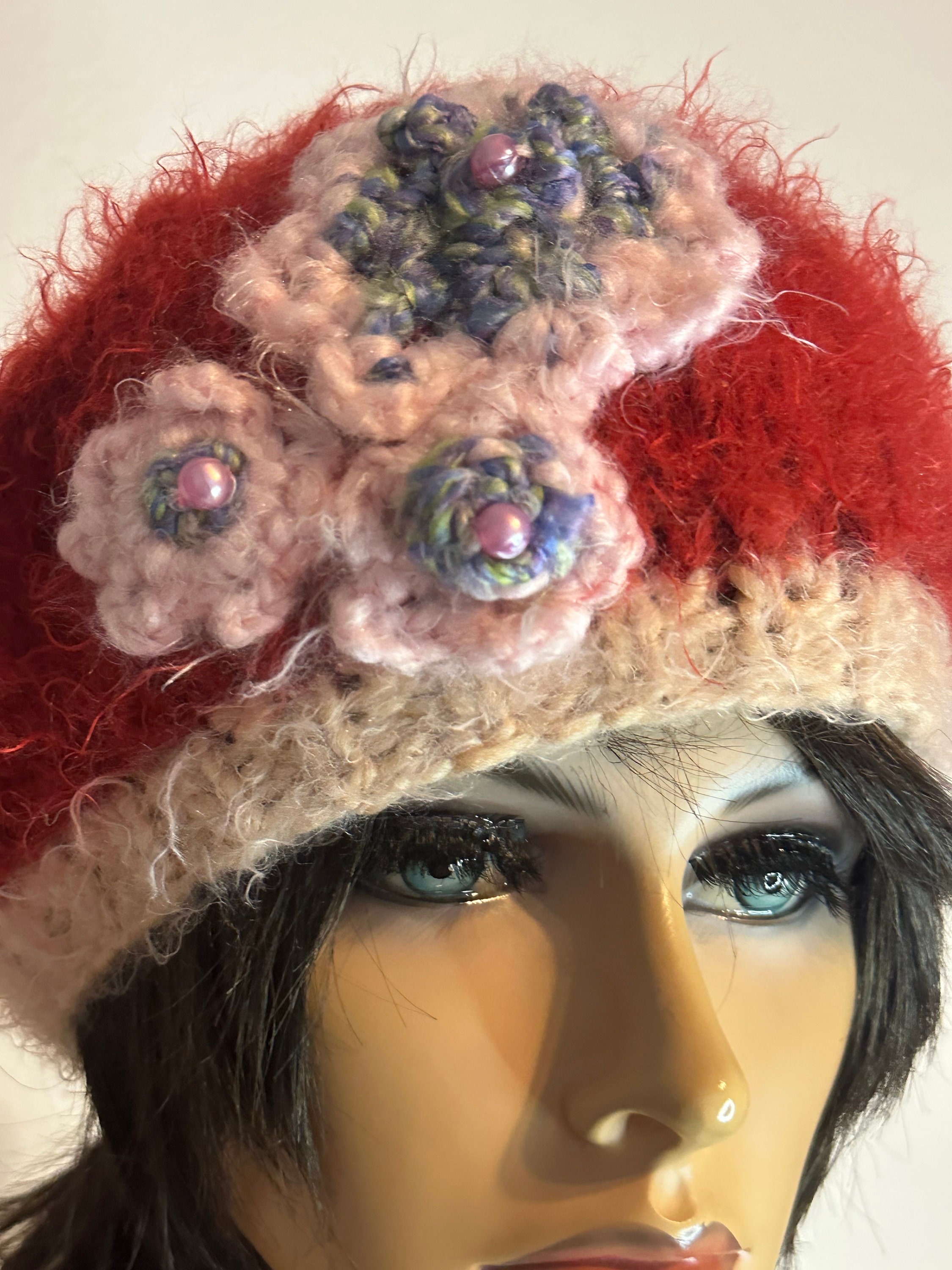 Hand Knits 2 Love Slouch Beanie Hat Tam Beret Flowers Beads Designer Mohair Like Hand Knits 2 Love Slouch Hat Beanie Cap Beret Flowers Beads  main image 2