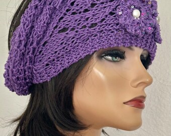 Hand Knits 2 love Cotton Headband Bandana Headwrap Flowers Tassels Purple Chic Hand Knits 2 Love Cotton Bandana Scarf Headband Headwrap  main image 4