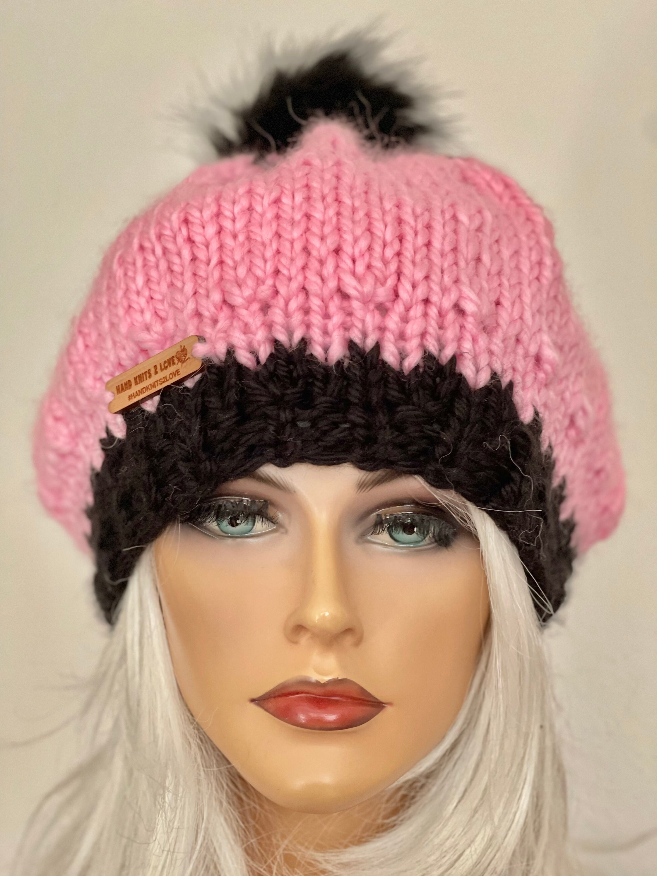 Hand Knits 2 Love Slouch Beanie Gat Neckwarmer Flower Beads Designer Black Pink Hand Knits 2 Love Beanie Slouch Cap Designer Fashion Faux  main image 3