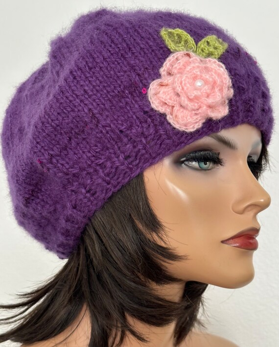 Hand Knits 2 Love Slouch Beanie Hat Cap Beret Flower Beads  display picture 1