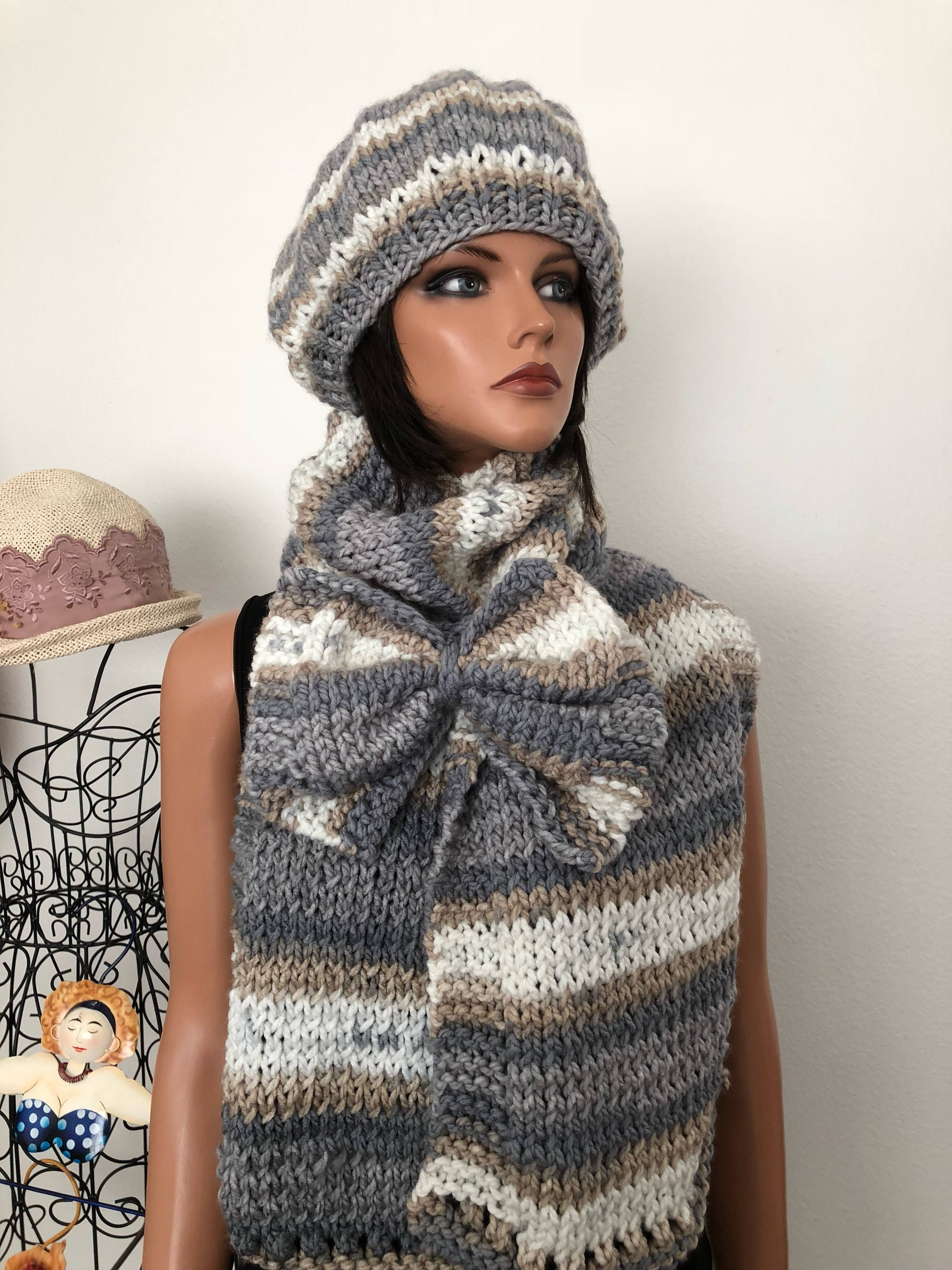 Hand Knits 2 Love Hat Shawl Set Biw Tue Designer Fashion Female Winter Dki Luxurious Soft Gift Valentines Day Birthday Snowboard