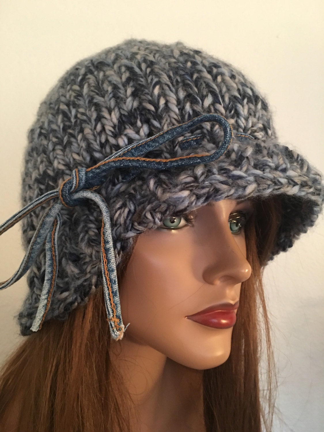 Hand Knits 2 Loge Brim Hat Beanie Cap Two tone Denim Flower Designer Semi Chunky Hand Knits 2 Love Brim Hat Beanie Flower Denim Designer  main image 2