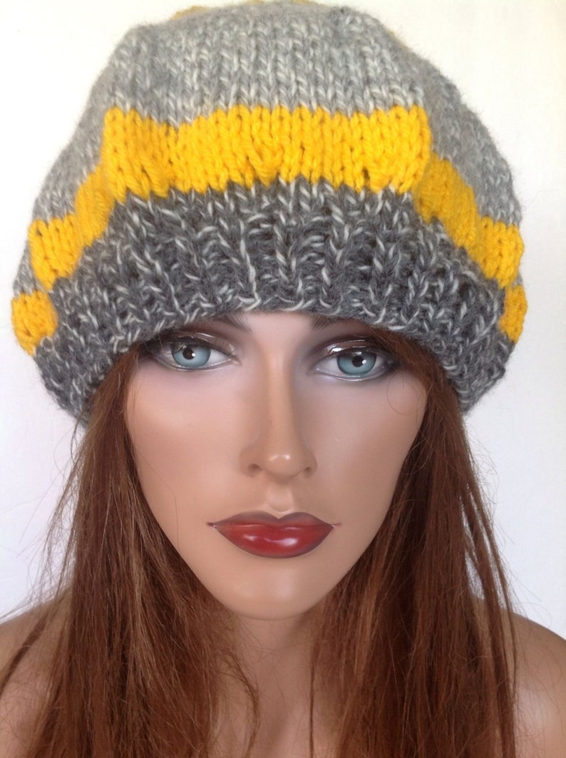 Hand Knit Hat Beret Beanie Slouch Yellow Gray Tweed Designer Etsy