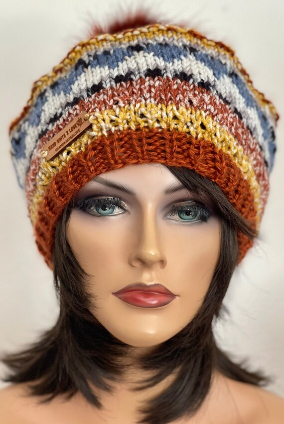 Hand Knits 2 Love Slouch Hat Beanie Cap Fair-isle Faux Fur 