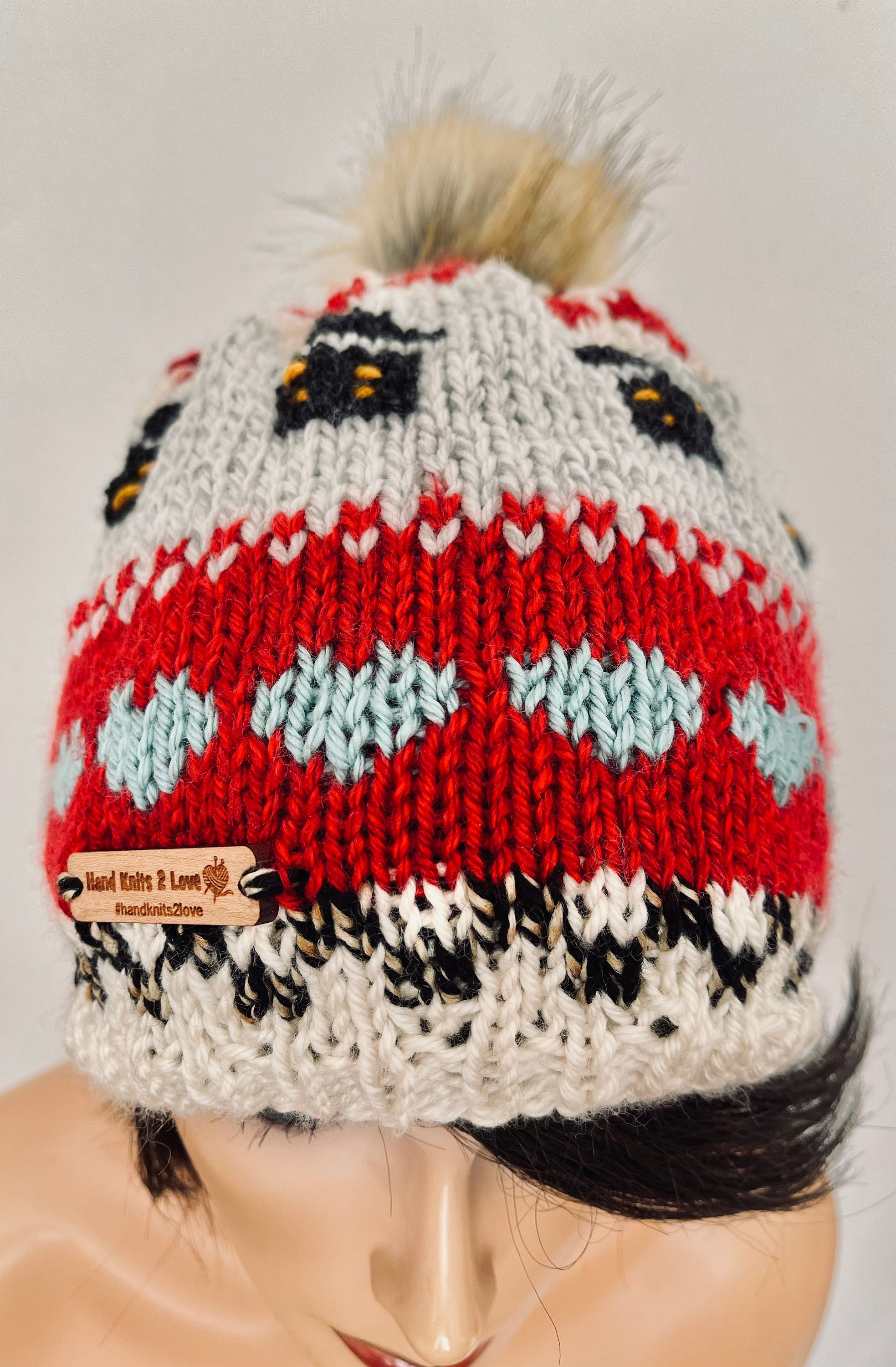 Hand Knits 2 Love Beanie Hat Cap Slouch Hearts Homes Fair-isle Designer Faux Pom Hand Knits 2 Love Beanie Slouch Hat Faux Fur Pom Pom Fair  main image 3