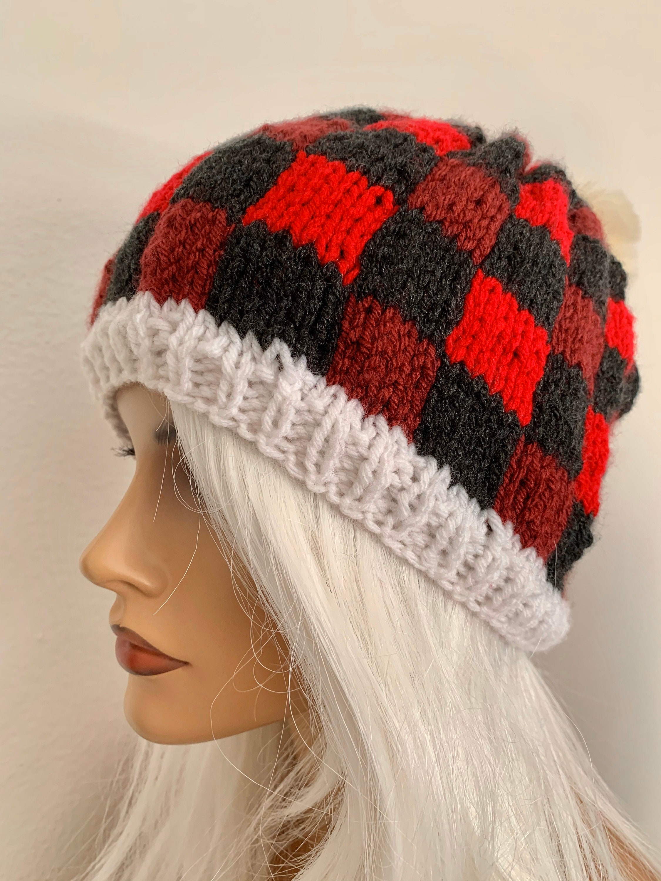 Hand Knits 2 Love Hat Beanie Cap Plaid Faux Fur Pom Pom 