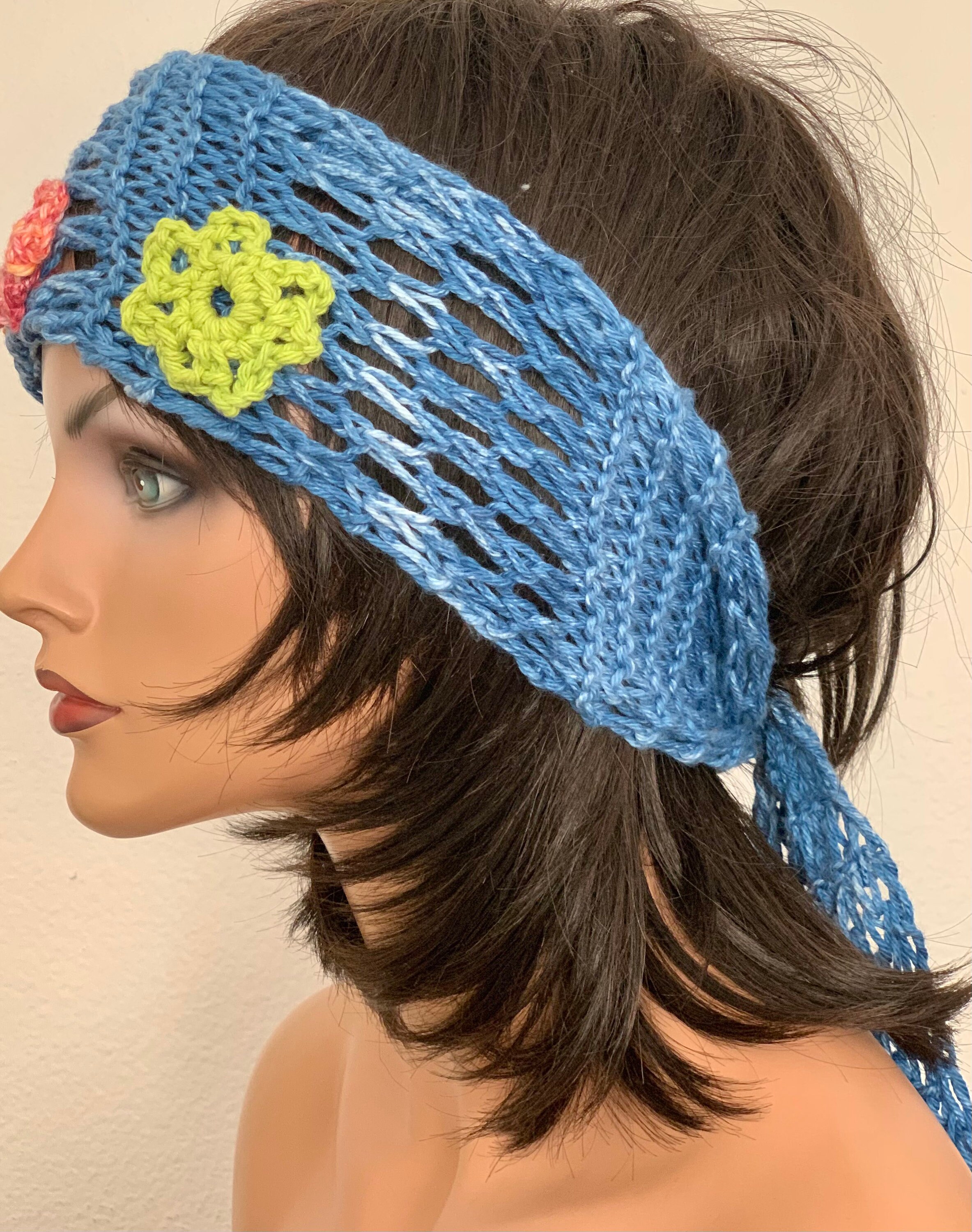 Hand Knits 2 Love Cotton Bandana Headband Lace Flower Bead Designer Denim Blue Hand Knits 2 Love Cotton Bandana Scarf Headband Headwrap  main image 3