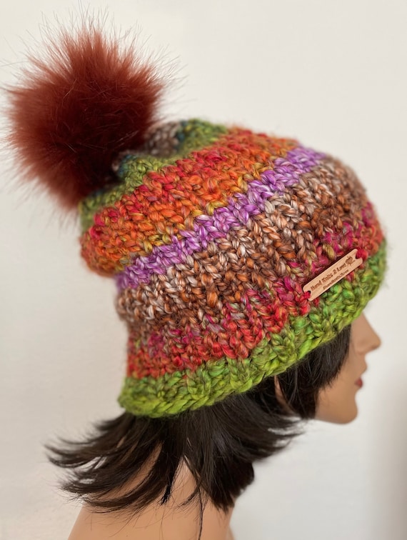 Hand Knits 2 Love Beanie Hat Cap Boucle Chunky Faux Fur Pom Pom Designer Origina Hand Knits 2 Love Beanie Hat Cap Boucle Chunky Nature  main image 2