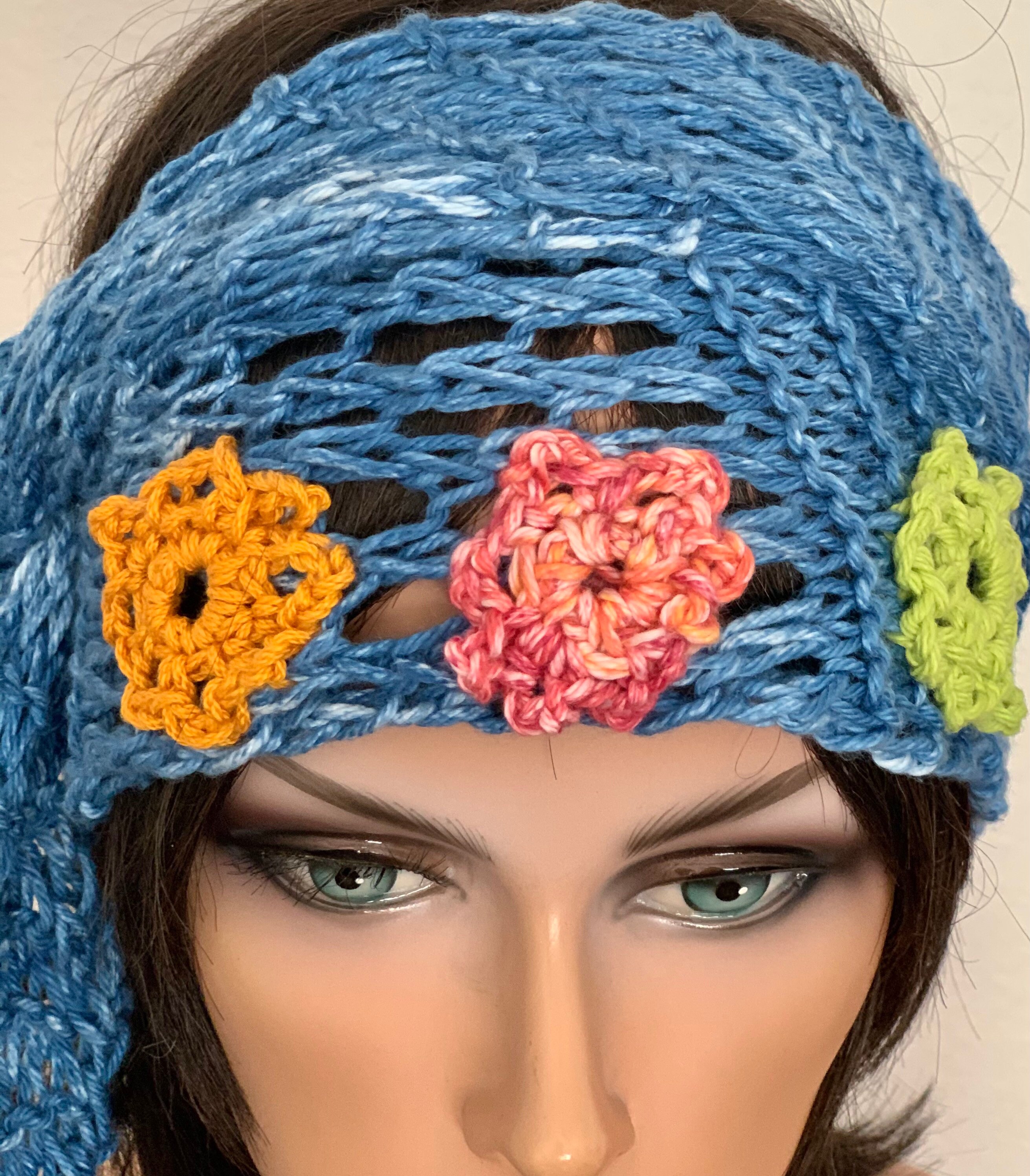 Hand Knits 2 Love Cotton Bandana Headband Lace Flower Bead Designer Denim Blue Hand Knits 2 Love Cotton Bandana Scarf Headband Headwrap  main image 4