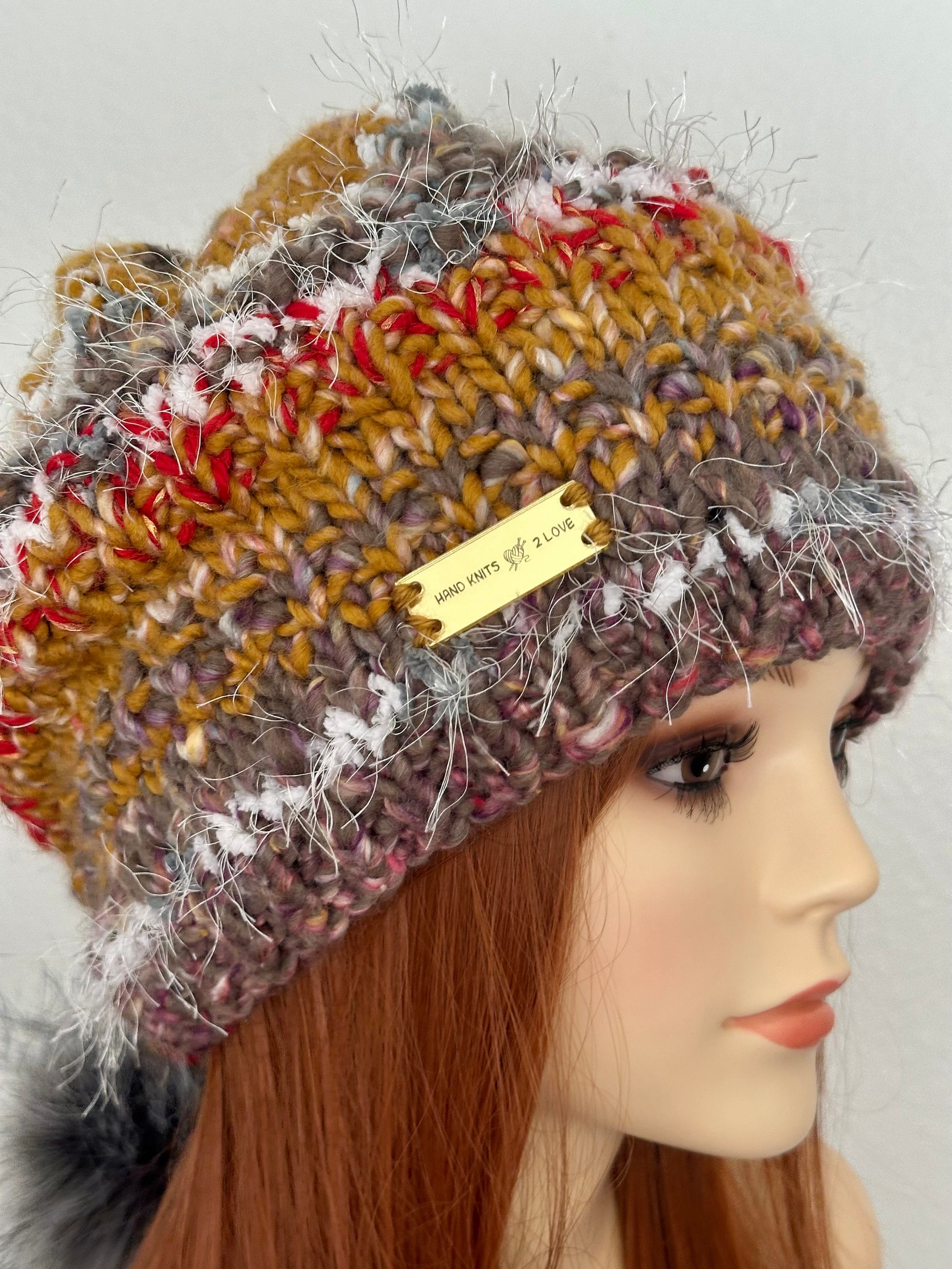 Hand Knits  2 Love Slouch Beanie Hat Faux Fur Pom Pom Semi Chunky Designer Hip Hand Knits 2 Love Slouch Beanie Hat Cap Faux Fur Pom Pom  main image 3