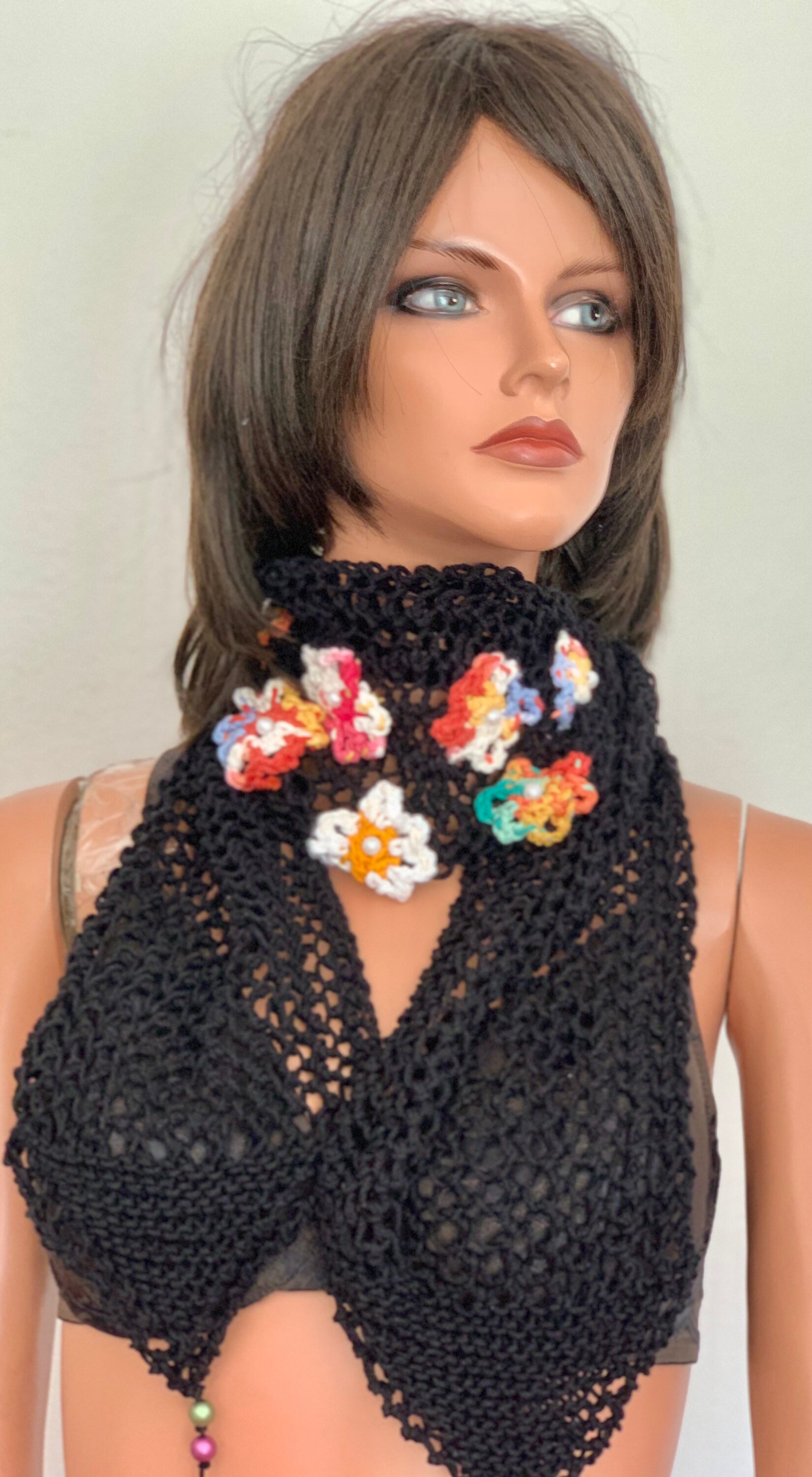 Hand Knits 2 Love Cotton Headband Bandana Scarf Flowers Pearls Designer Hip Boho Hand Knits 2 Love Cotton Bandana Scarf Headband Headwrap  main image 3
