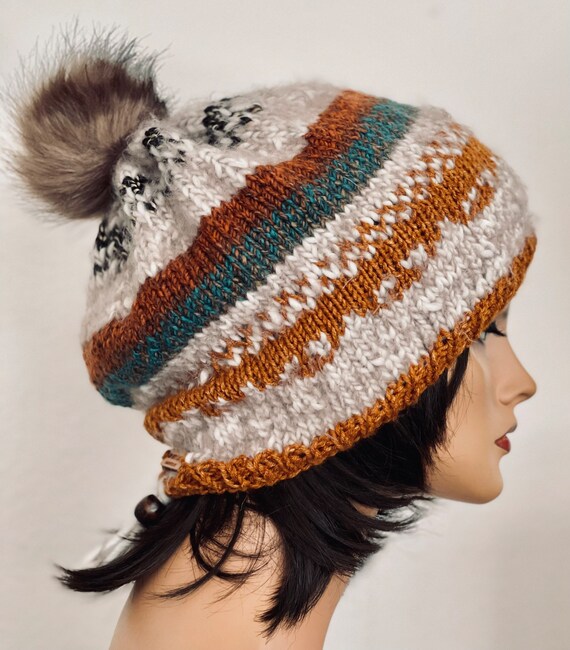 Hand Knits 2 Love Slouch Beanie Hat Cap Fair-isle Faux Fur  display picture 3