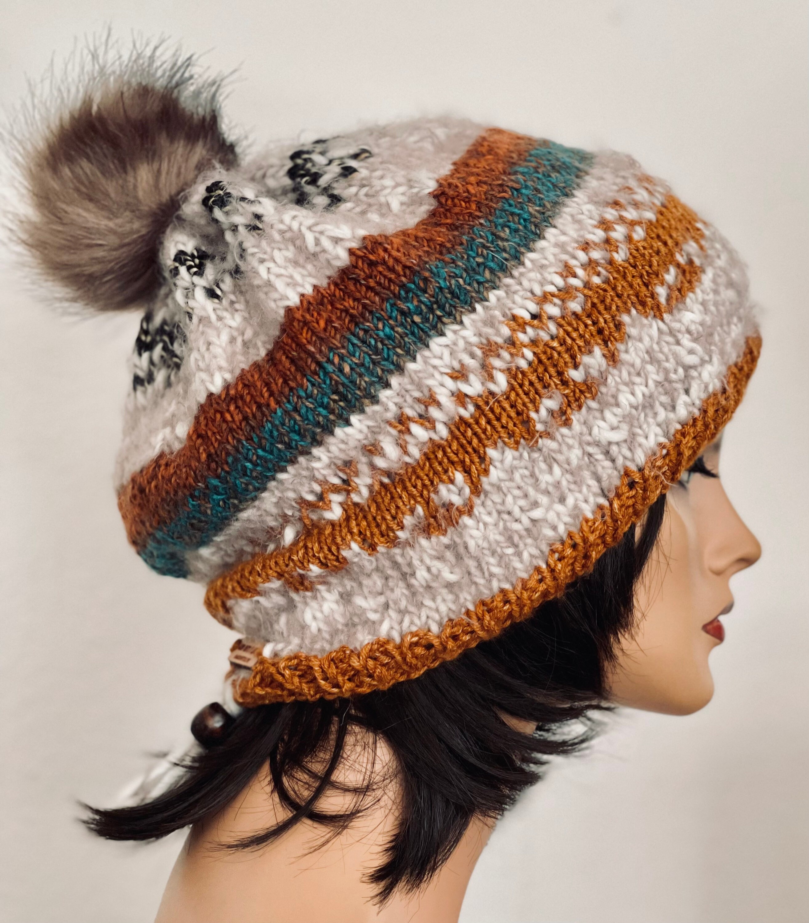 Hand Knits 2 Love Slouch Beanie Hat Fair-isle Dedigner Fashion Faux Fur Pom Pom Hand Knits 2 Love Slouch Beanie Hat Fair-isle Designer Faux  main image 2