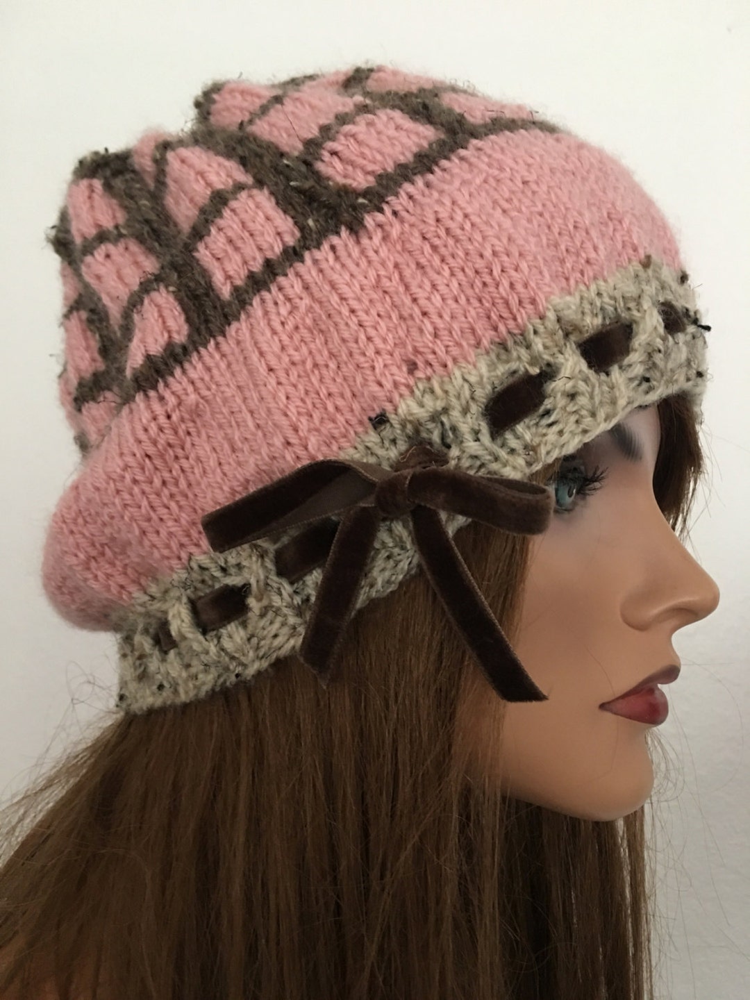 Hand Knits 2 Love Slouch Hat Beanie Cap Pink Mohair Look Ribbon Designer Fashio Hand Knits 2 Love Beanie Slouch Cap Designer Fashion Faux  main image 3