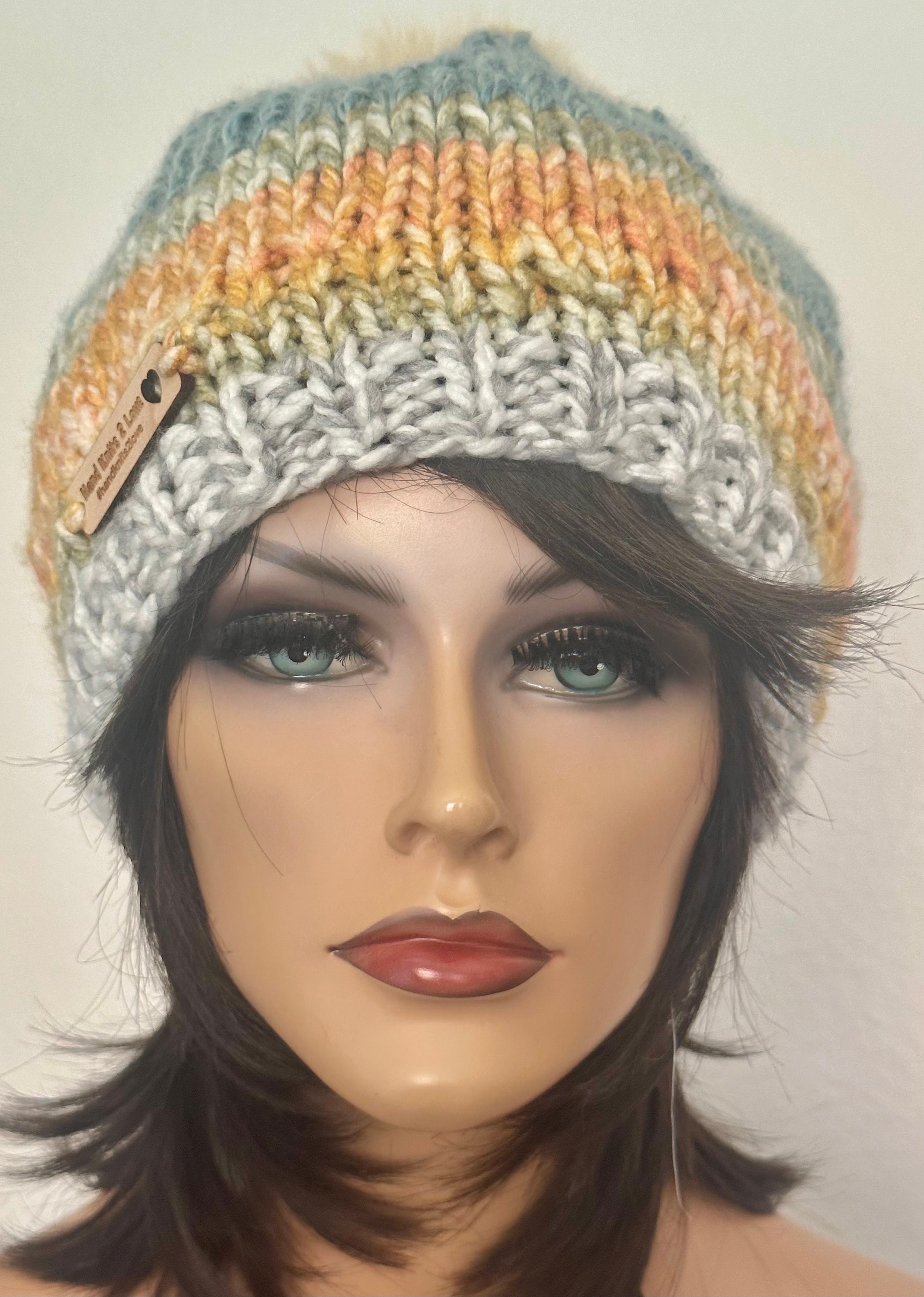 Hand Knits 2 Love Slouch Beanie Hat Boucle Ombré Faux Fur Pom Pom Designer Brown Hand Knits 2 Love Beanie Hat Slouch Ombré Faux Fur Pom Pom  main image 3