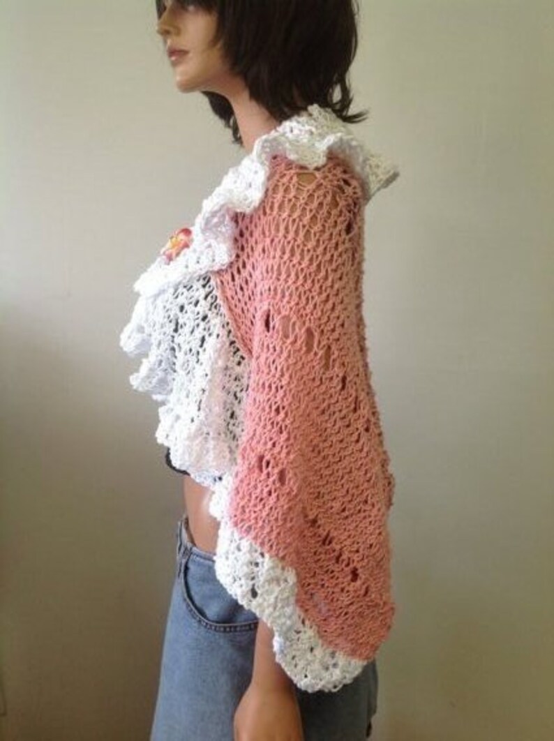 Hand Knit Cotton Shrug Sweater Lace Rose Pink White Designer Etsy