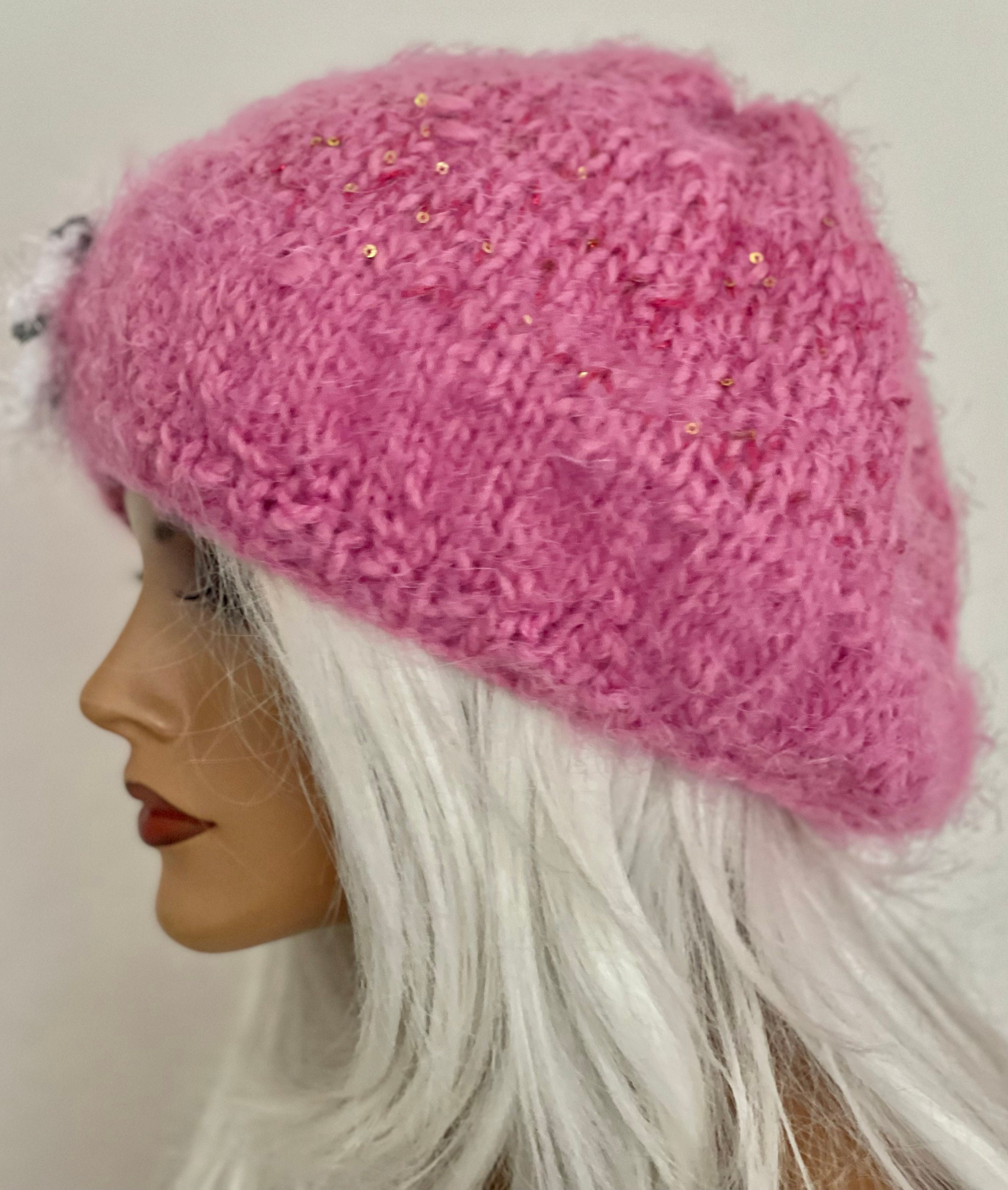 Hand Knits 2 Love Slouch Beanie Hat Hearts Sequence Beads Roses Pink Designer Hand Knits 2 Love Slouch Beanie Hat Cap Chemo Flower Bead  main image 2