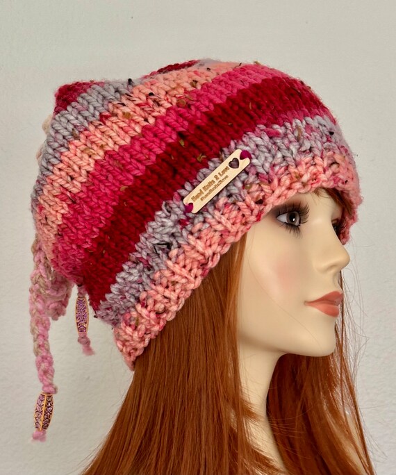 Hand Knits 2 Love Beanie Winter Hat HeartsTassel Decorative Bead Designer Fashio Hand Knit 2 Love Beanie Hat Slouch Chemo Fair-isle Big  main image 2